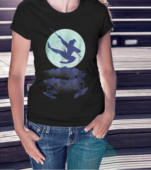Disney Mulan Warrior Jump Against Full Moon Night Sky T-Shirt