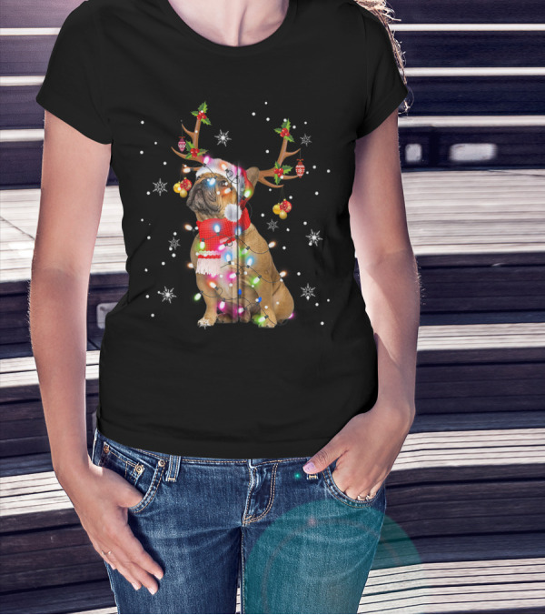French Bulldog Reindeer Antlers Santa Hat Christmas Lights T-Shirt