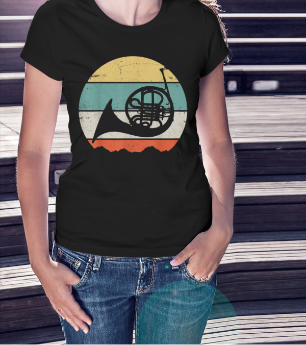 Vintage Retro French Horn Silhouette Stripes T-Shirt