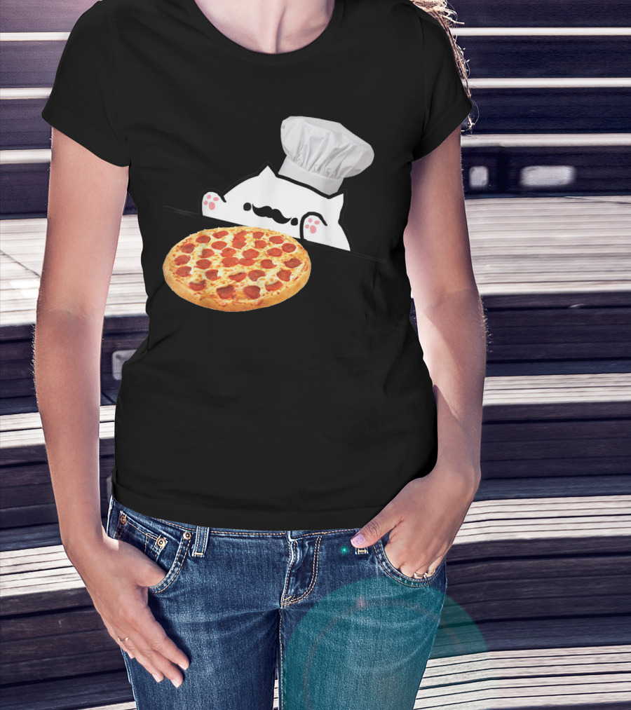 Bongo Cat Pizza Chef With Mustache And Pepperoni Pizza Humor T-Shirt