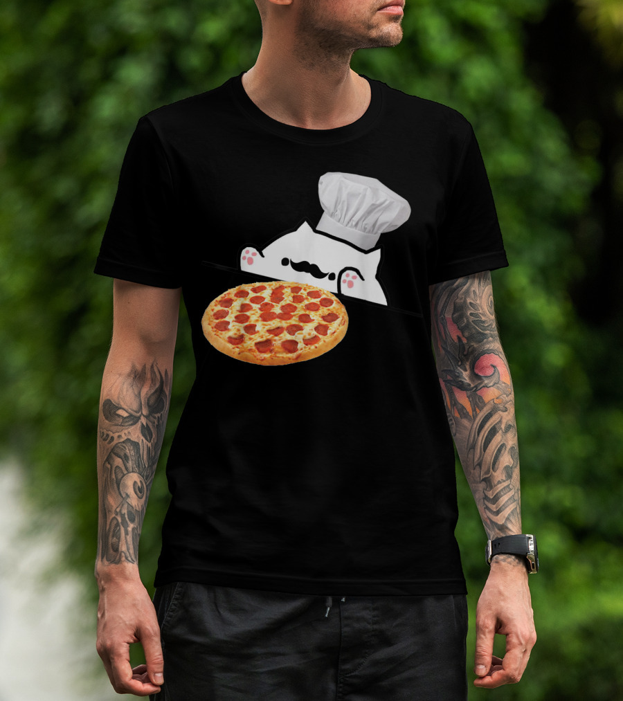 Bongo Cat Pizza Chef With Mustache And Pepperoni Pizza Humor T-Shirt
