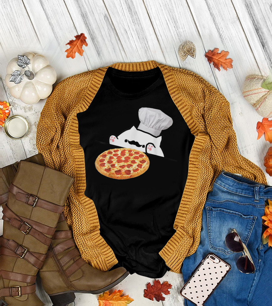 Bongo Cat Pizza Chef with Mustache and Pepperoni Pizza Humor T-Shirt
