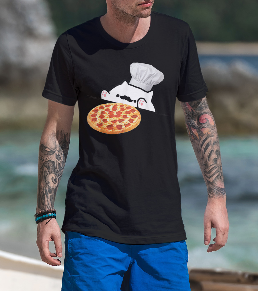 Bongo Cat Pizza Chef With Mustache And Pepperoni Pizza Humor T-Shirt