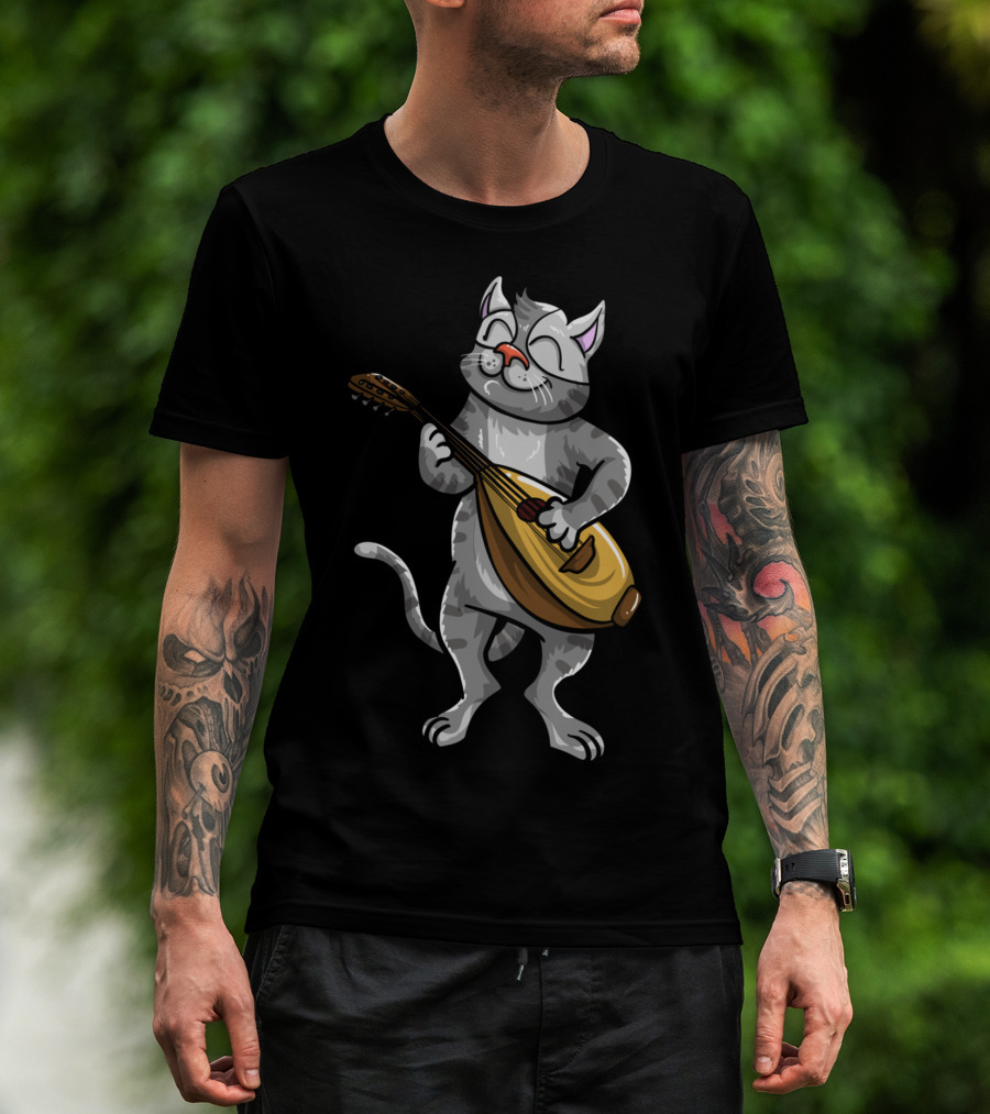 Funny Cool Cat Playing Lute Animal Musician T-Shirt