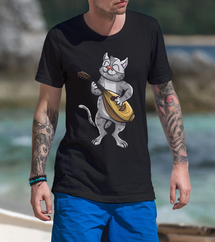 Funny Cool Cat Playing Lute Animal Musician T-Shirt