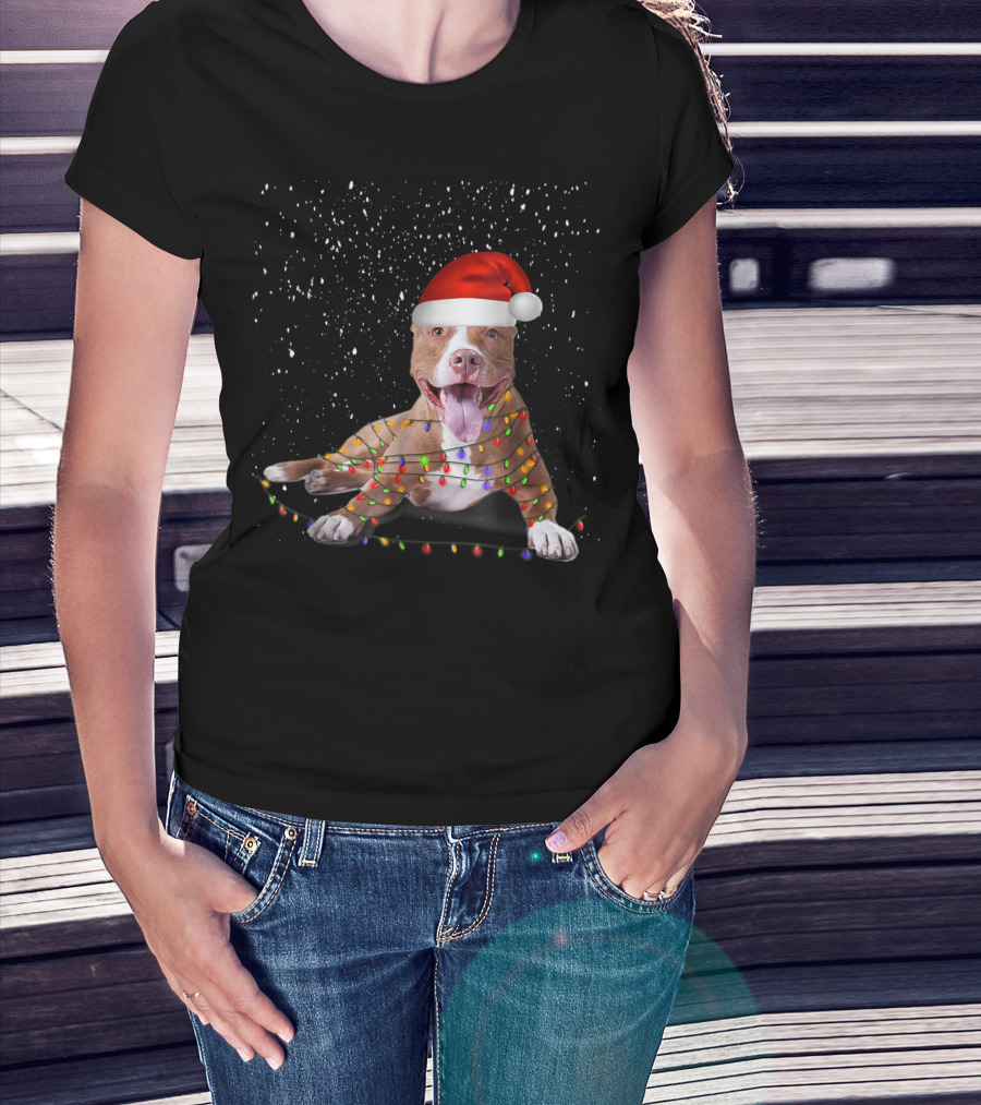 Merry Pitmas Pit Bull Christmas Dog With Santa Hat And Festive Lights T-Shirt