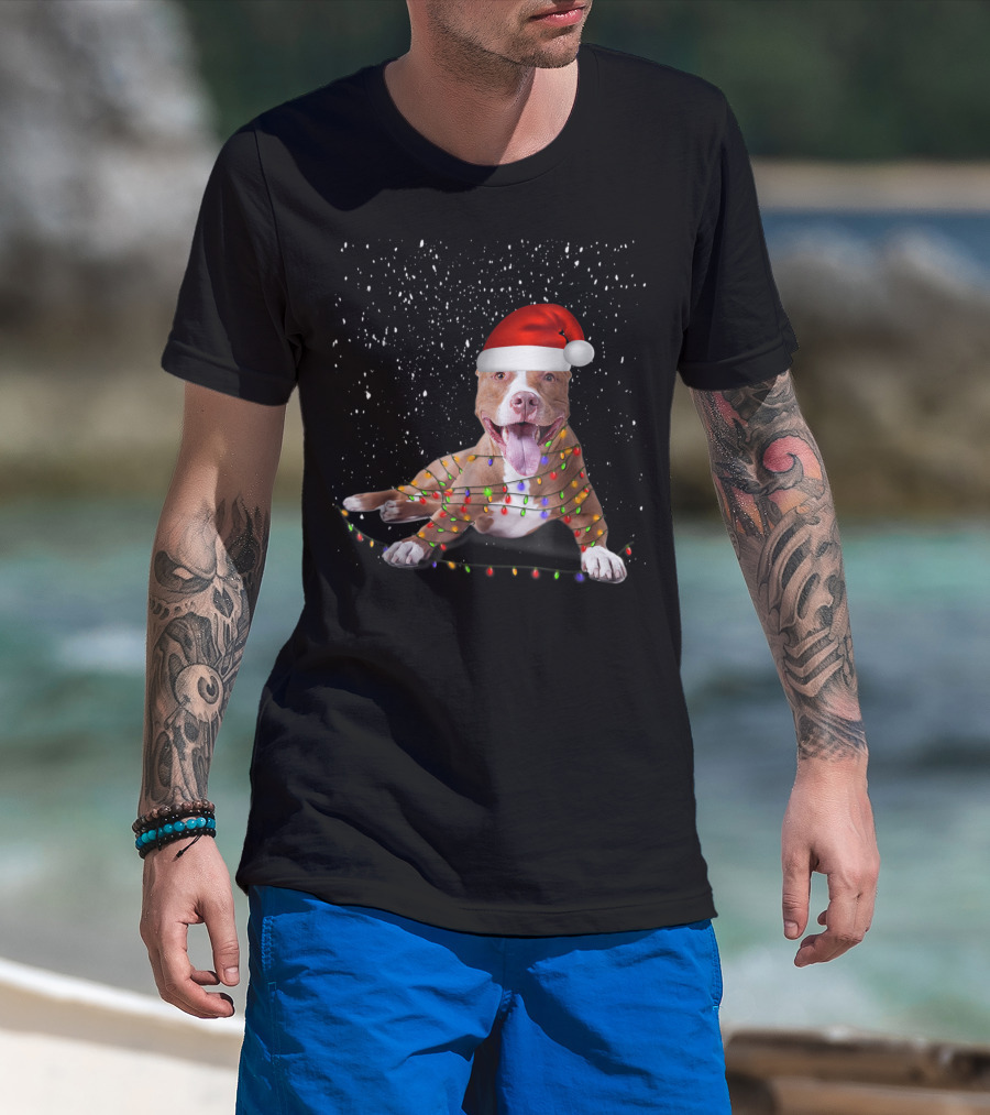 Merry Pitmas Pit Bull Christmas Dog With Santa Hat And Festive Lights T-Shirt