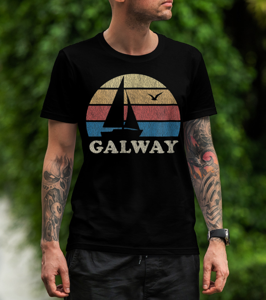 Galway Vintage Sailboat 70s Sunset With Seagull T-Shirt
