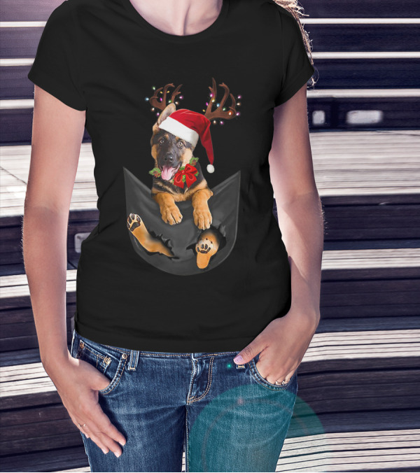 German Shepherd Christmas Dog With Santa Hat And Antlers In Your Pocket T-Shirt