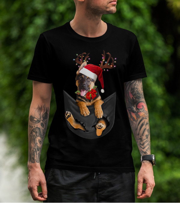 German Shepherd Christmas Dog With Santa Hat And Antlers In Your Pocket T-Shirt