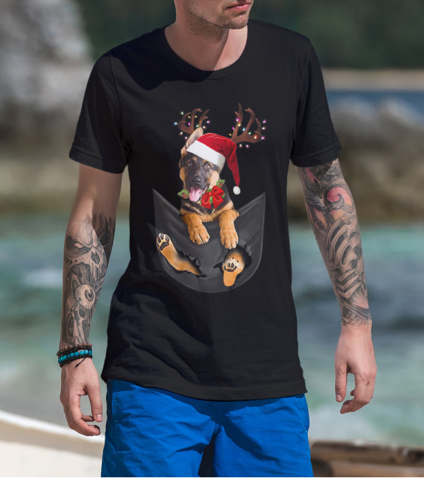 German Shepherd Christmas Dog With Santa Hat And Antlers In Your Pocket T-Shirt