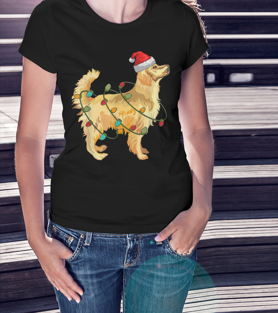 Golden Retriever With Christmas Lights And Santa Hat T-Shirt