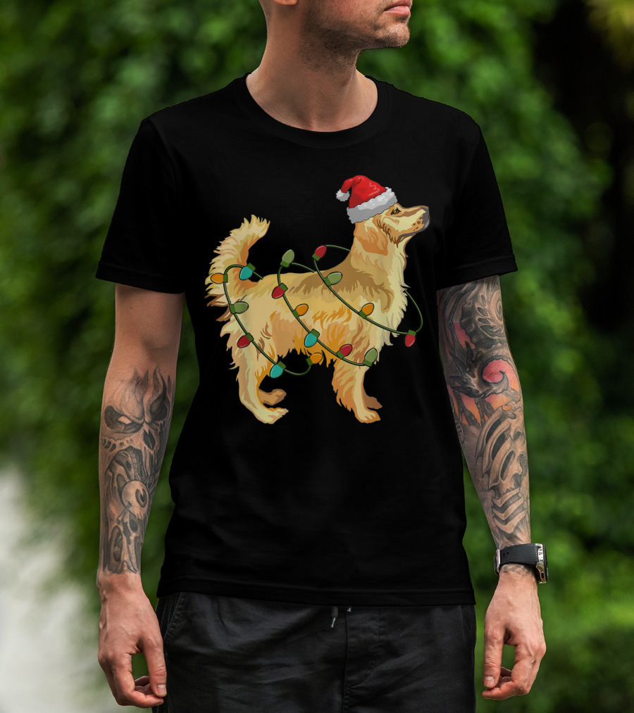 Golden Retriever With Christmas Lights And Santa Hat T-Shirt