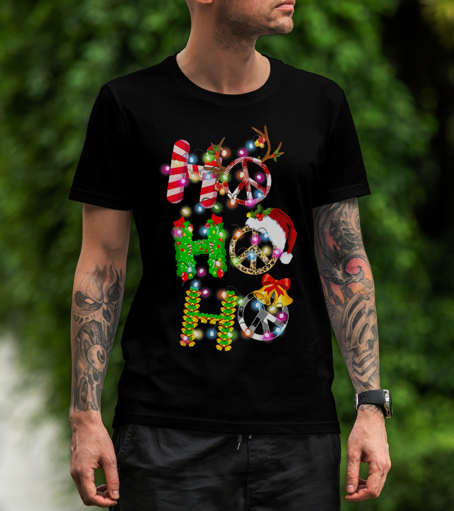 Ho Ho Ho Christmas Light Peace Sign Reindeer Santa Hat T-Shirt