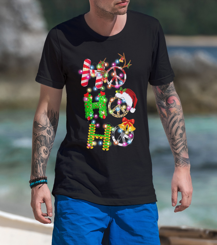 Ho Ho Ho Christmas Light Peace Sign Reindeer Santa Hat T-Shirt