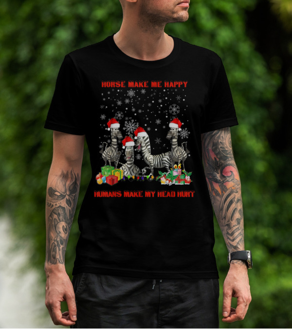 Horse Make Me Happy Humans Make My Head Hurt Christmas Zebra Snowflakes Santa Hats T-Shirt