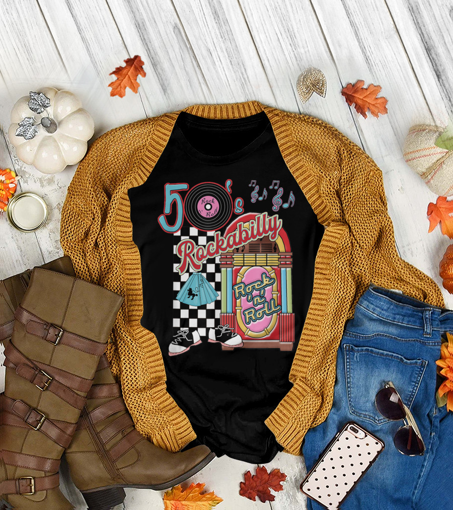50's Rock n Roll Rockabilly Jukebox and Checkered Dance Floor T-Shirt