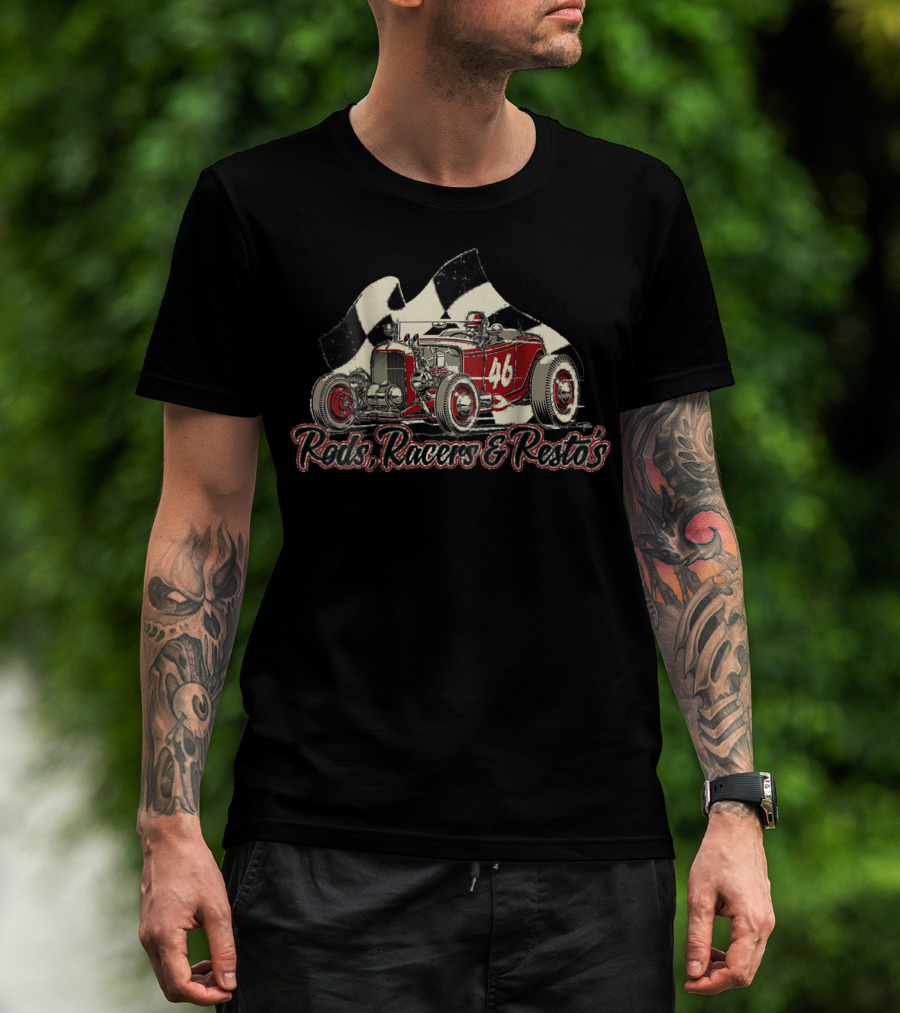 Rods Racers Resto's Vintage Hot Rod 46 Checkered Flag T-Shirt