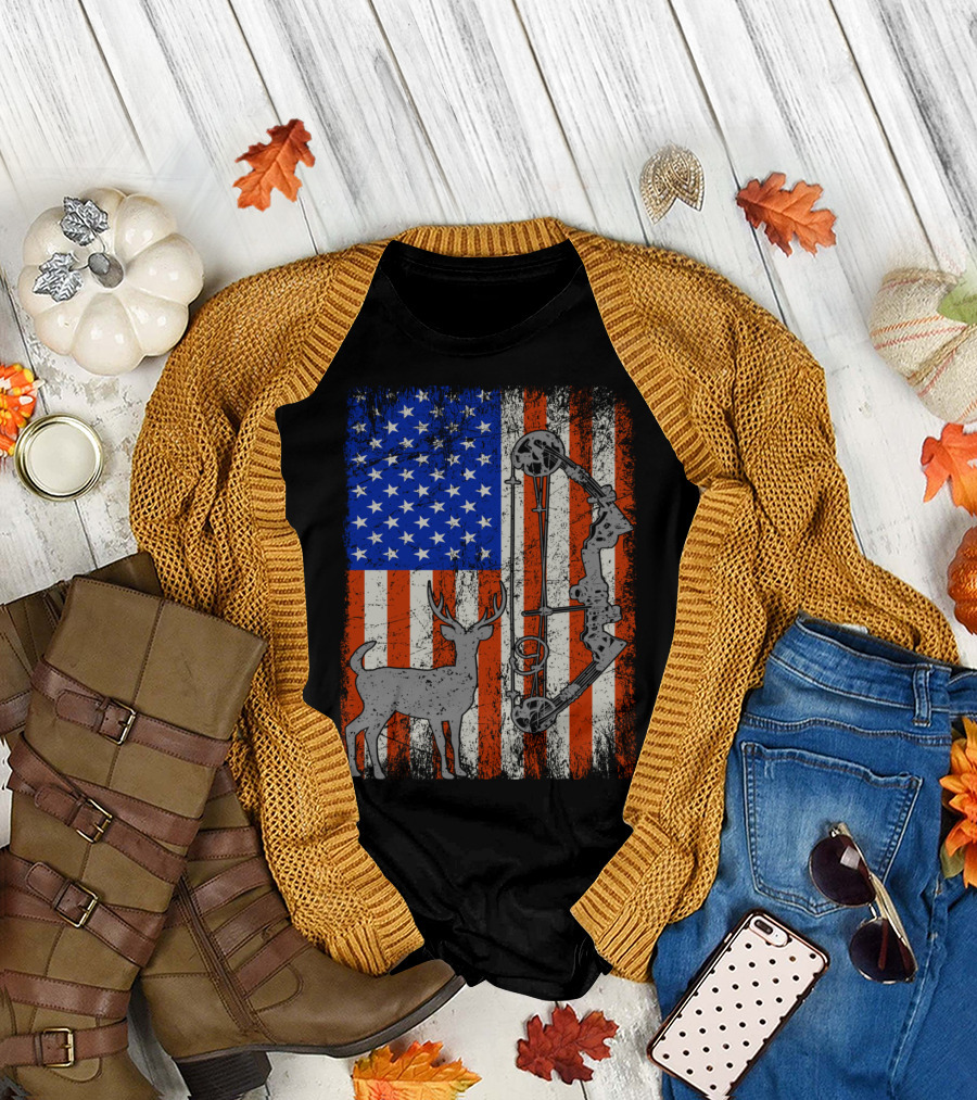 American Flag Deer Hunter with Bow Hunting Iconic T-Shirt