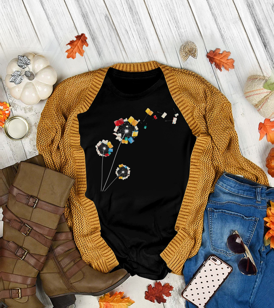 Bookworm Dandelion Blooms into Whimsical Floral Books T-Shirt
