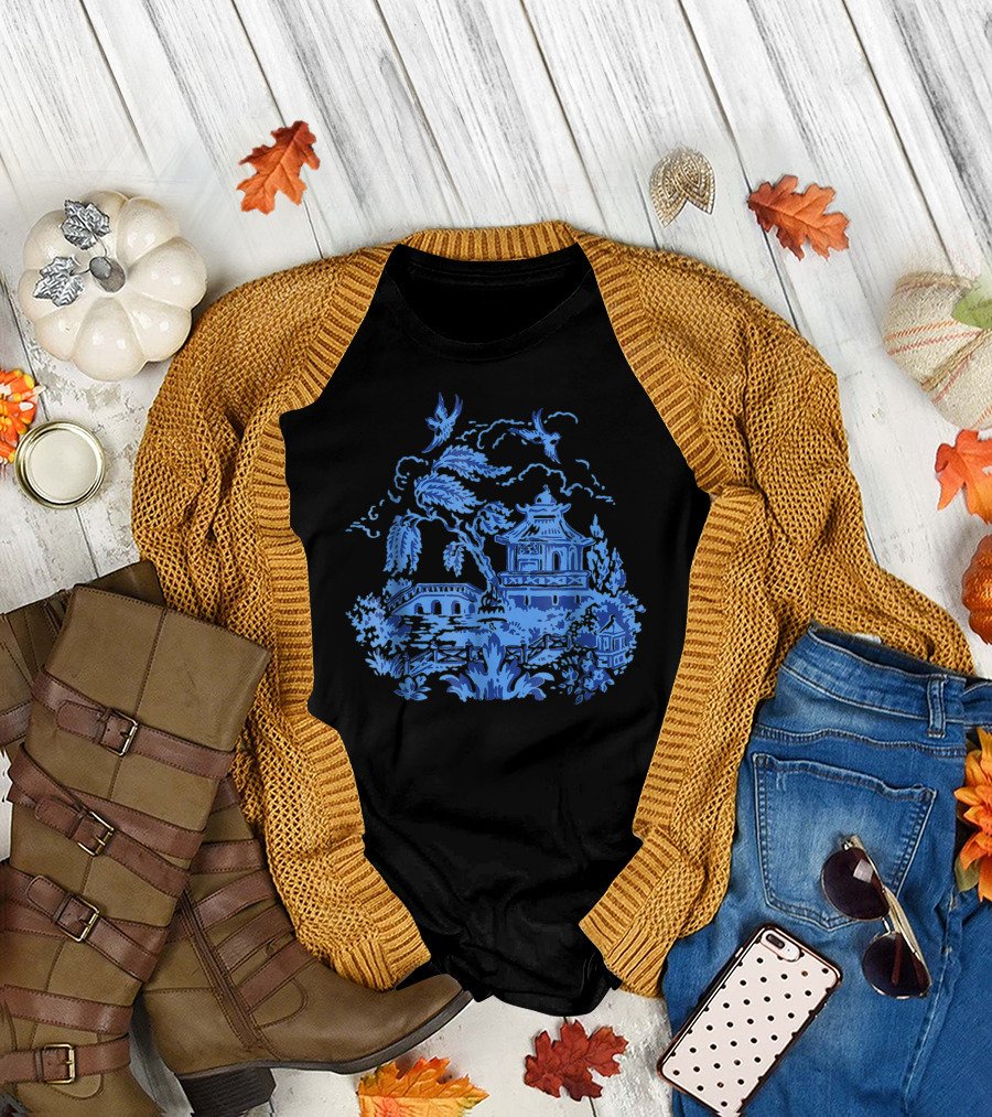 Classic Vintage Blue Willow China Scene Pagoda and Birds T-Shirt