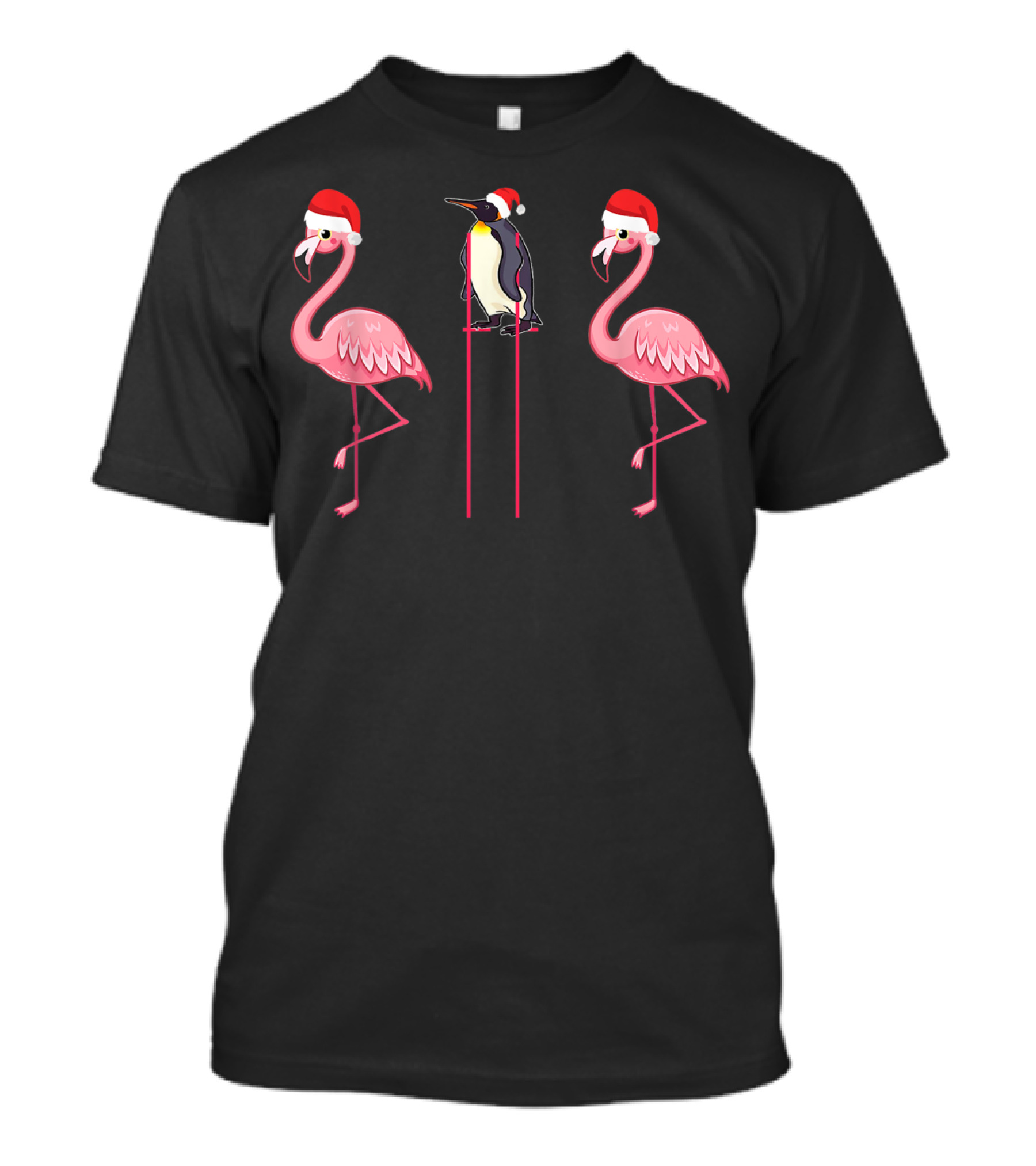Flamingoes And Penguin With Santa Hats T-Shirt