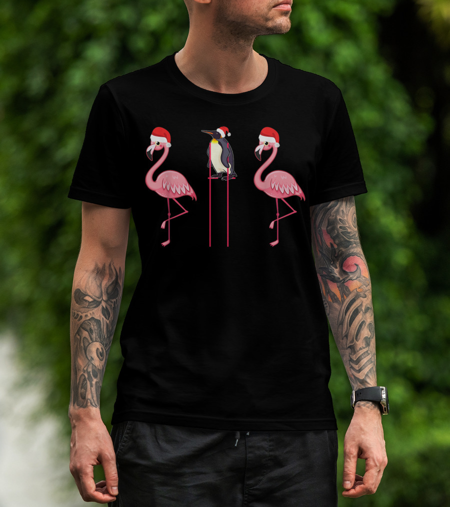 Flamingoes And Penguin With Santa Hats T-Shirt