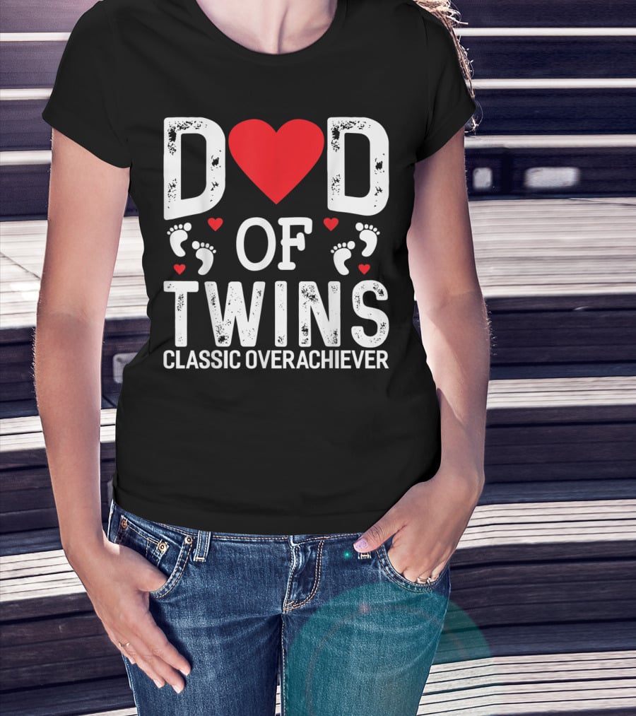 Dad Of Twins Heart Footprints Classic Overachiever Twins T-Shirt