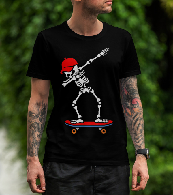 Dabbing Skeleton In Red Cap On Skateboard T-Shirt