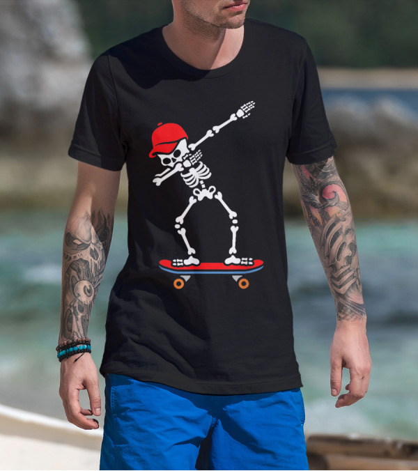 Dabbing Skeleton In Red Cap On Skateboard T-Shirt