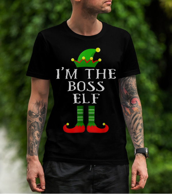 I'm The Boss Elf Christmas Humor Green Hat Striped Socks Red Shoes T-Shirt