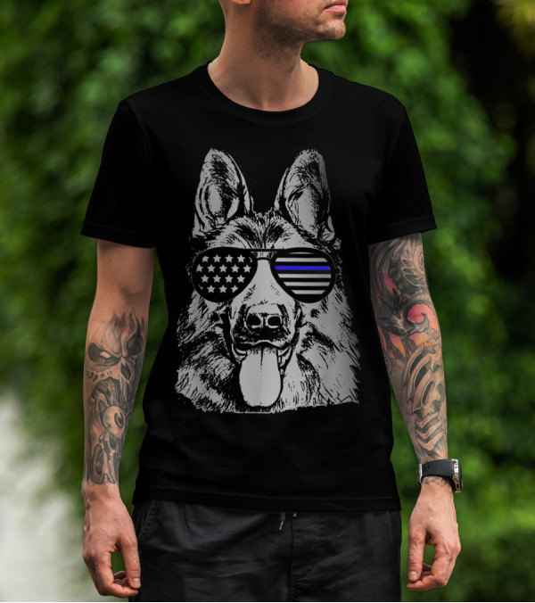 K9 Police Officer Dog Thin Blue Line Stars And Stripes Sunglasses T-Shirt