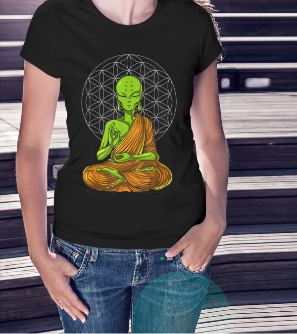 Alien Yoga Meditation Zen Namaste Buddha With Mandala Background T-Shirt