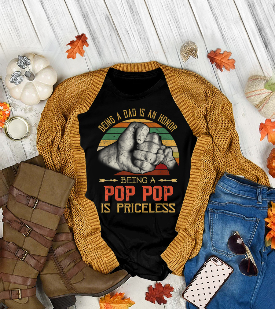 Being A Dad Is An Honor Being A Pop Pop Is Priceless Fist Bump Retro Stripes T-Shirt