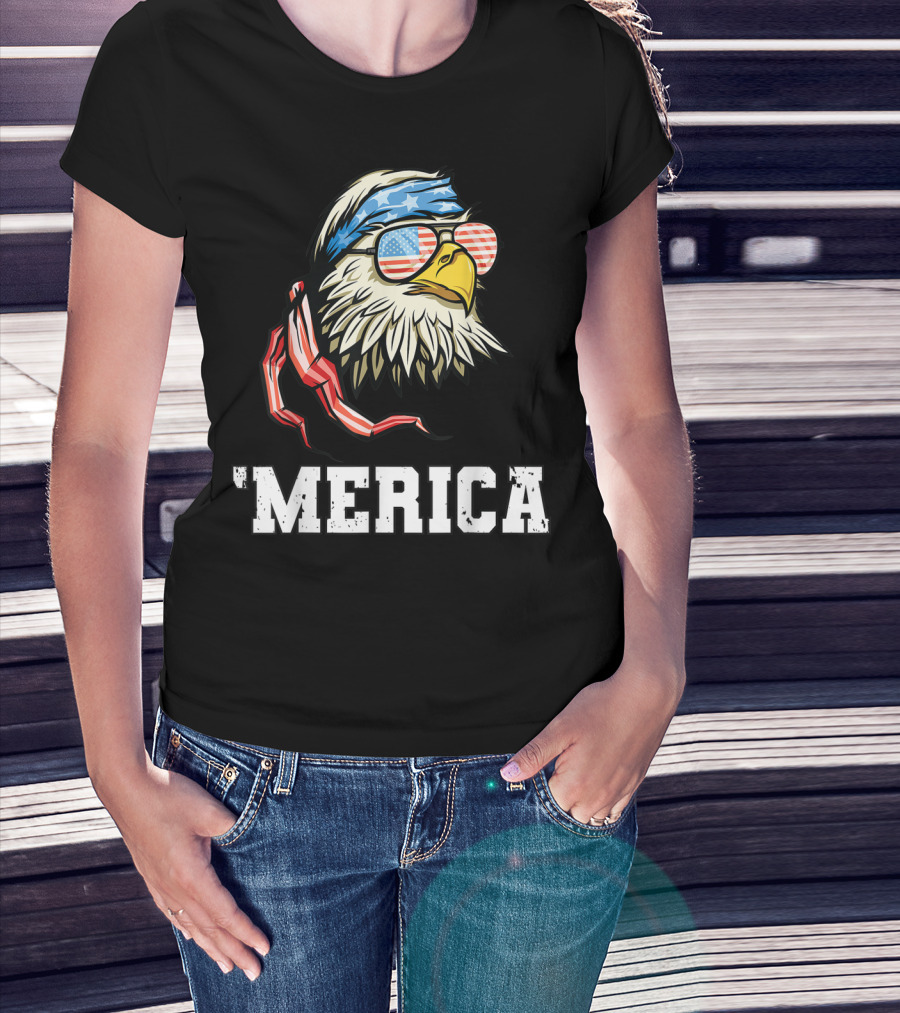 'Merica Bald Eagle USA Flag Bandana And Sunglasses T-Shirt
