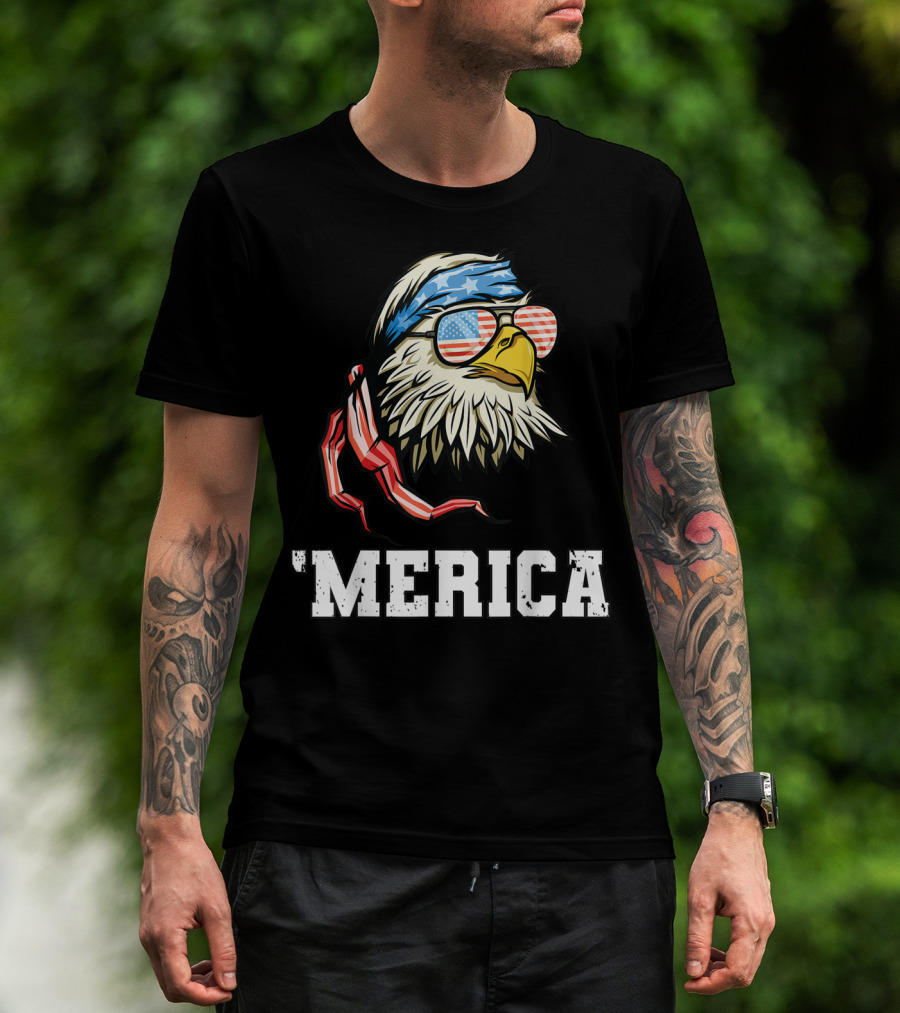 'Merica Bald Eagle USA Flag Bandana And Sunglasses T-Shirt