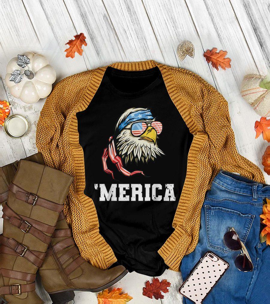 'Merica Bald Eagle USA Flag Bandana And Sunglasses T-Shirt