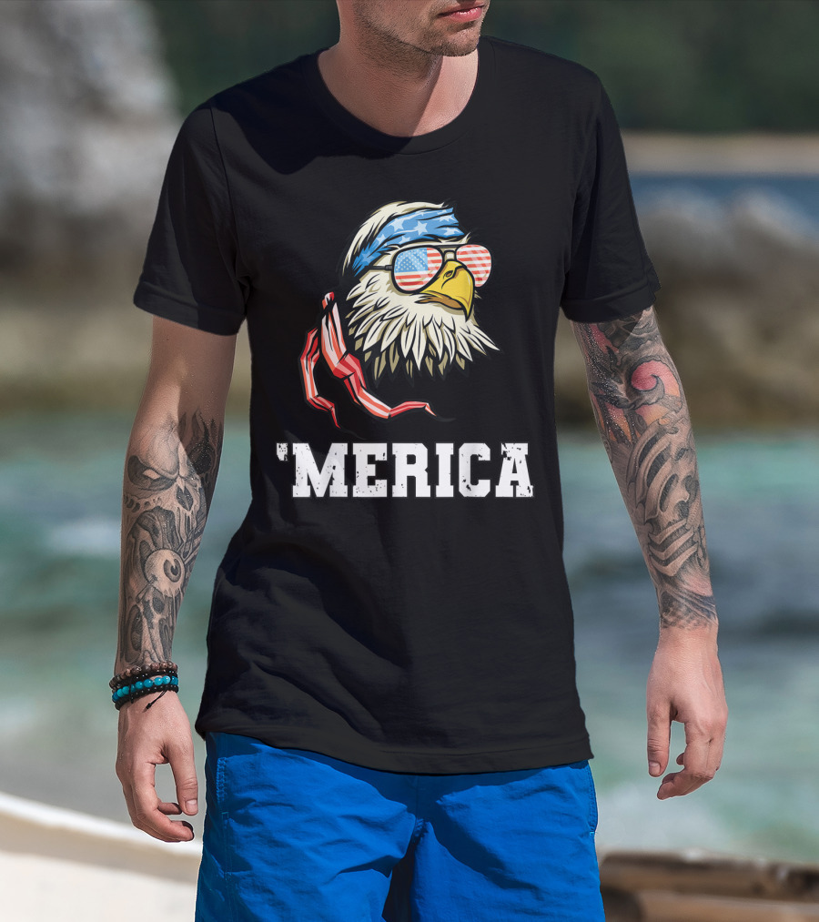'Merica Bald Eagle USA Flag Bandana And Sunglasses T-Shirt
