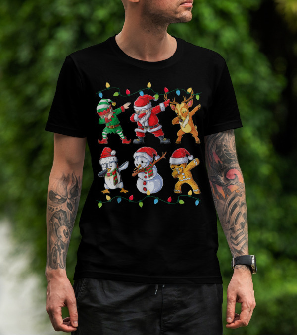 Dabbing Santa Elf Reindeer Penguin Snowman Gingerbread Christmas Lights T-Shirt