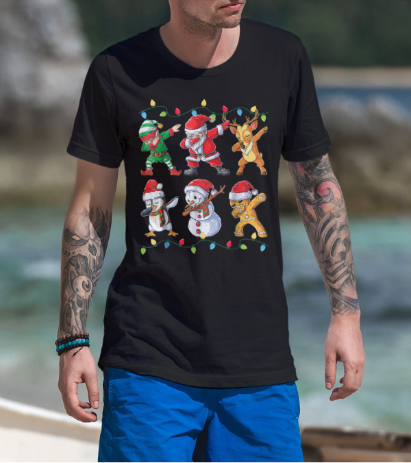 Dabbing Santa Elf Reindeer Penguin Snowman Gingerbread Christmas Lights T-Shirt
