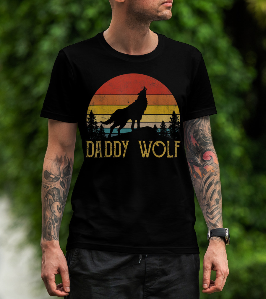 Daddy Wolf Silhouette Sunset Forest Scene T-Shirt
