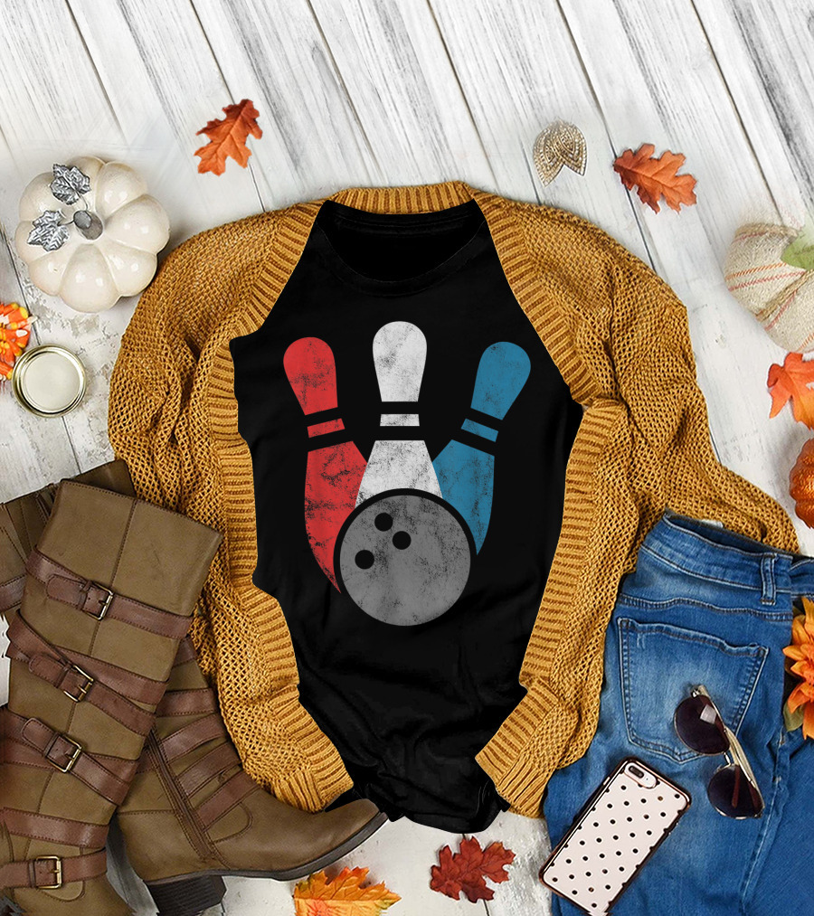 Distressed Red White Blue Bowling Pins with Bowling Ball T-Shirt