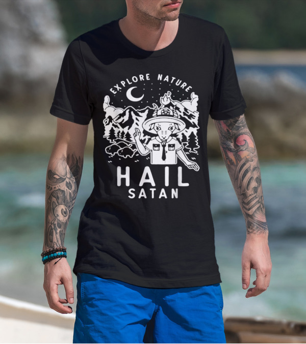 EXPLORE NATURE HAIL SATAN BAPHOMET SCOUT IN MOUNTAIN LANDSCAPE WITH NIGHT SKY T-Shirt