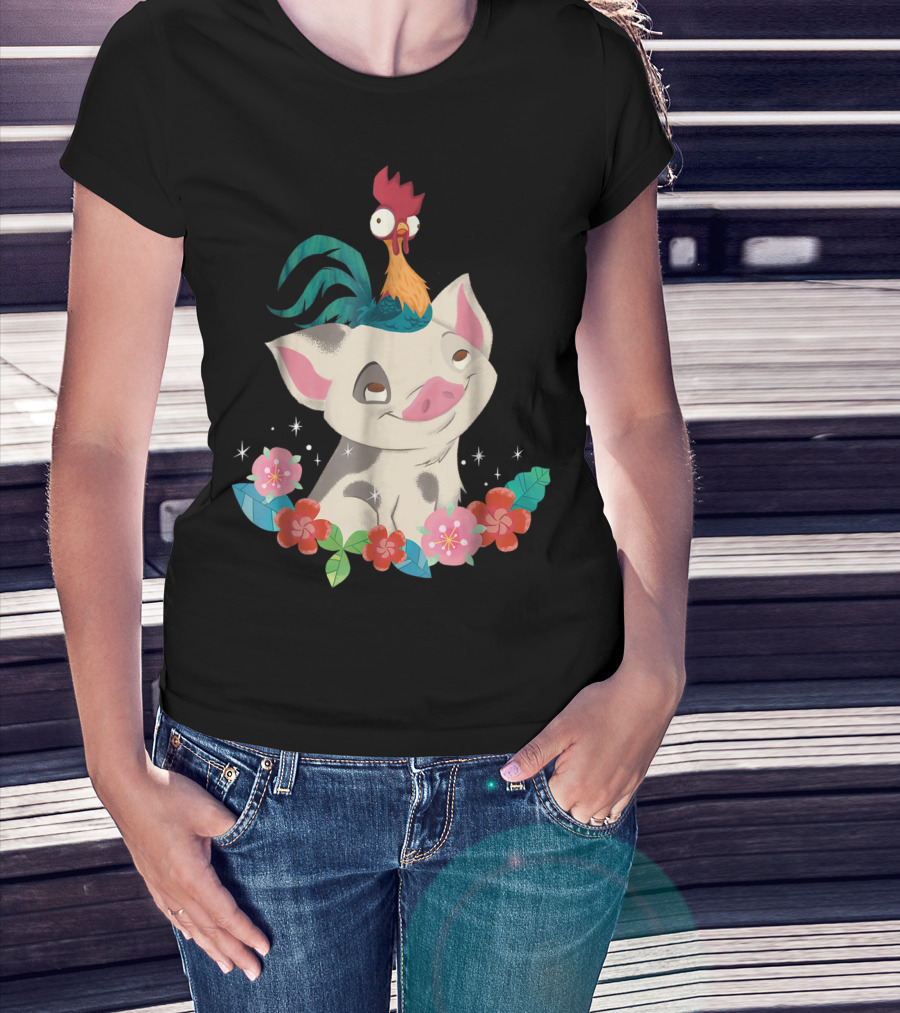 Disney Moana HeiHei And Pua With Colorful Flowers T-Shirt