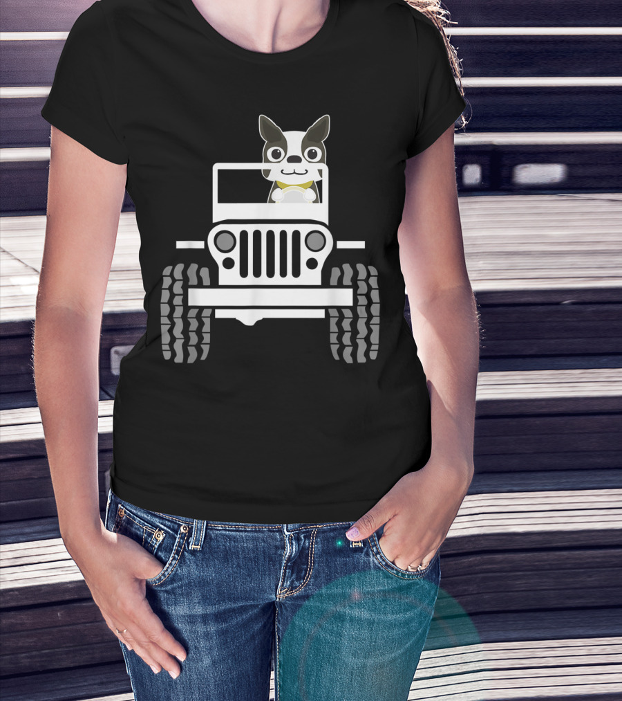 Funny Boston Terrier Dog In Jeep Dad T-Shirt