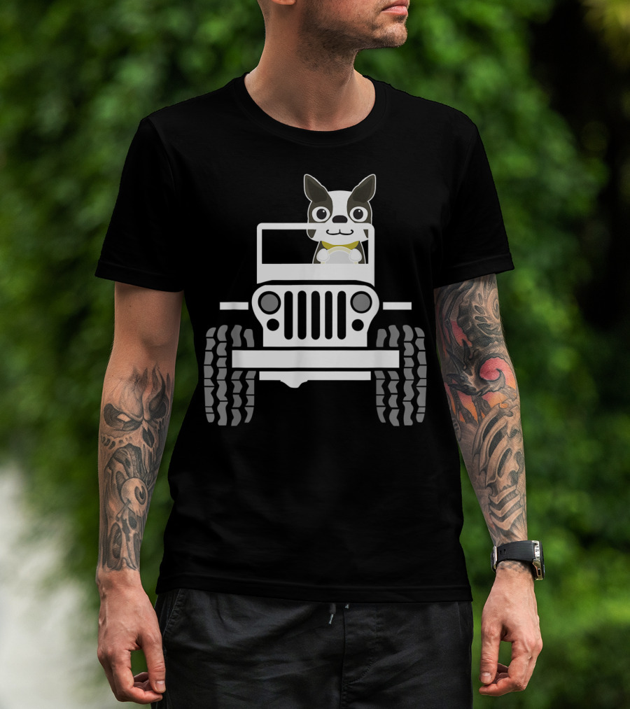 Funny Boston Terrier Dog In Jeep Dad T-Shirt
