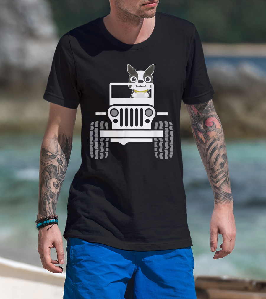 Funny Boston Terrier Dog In Jeep Dad T-Shirt