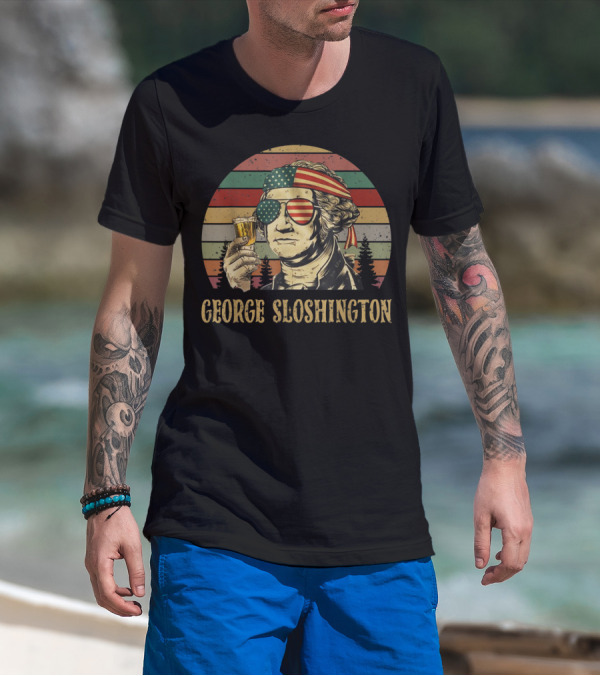 George Sloshington Retro Patriotic George Washington With American Flag Bandana And Sunglasses T-Shirt