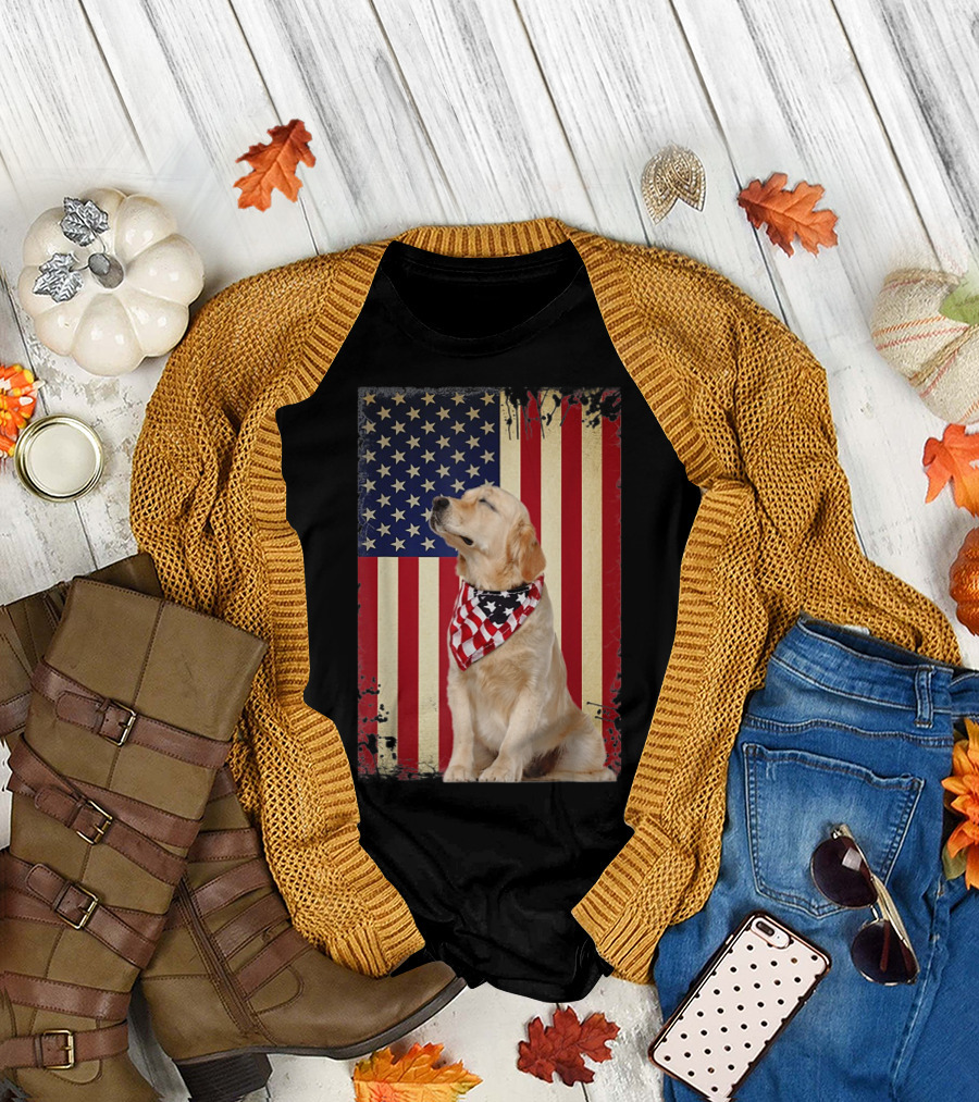 Golden Retriever Smiling American Flag Bandana T-Shirt