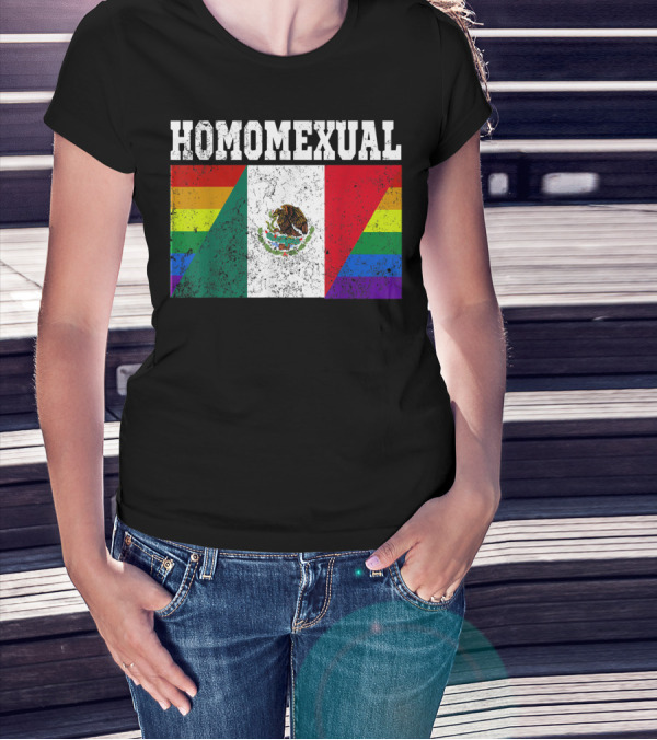Homomexual Mexican Flag With Rainbow Colors T-Shirt
